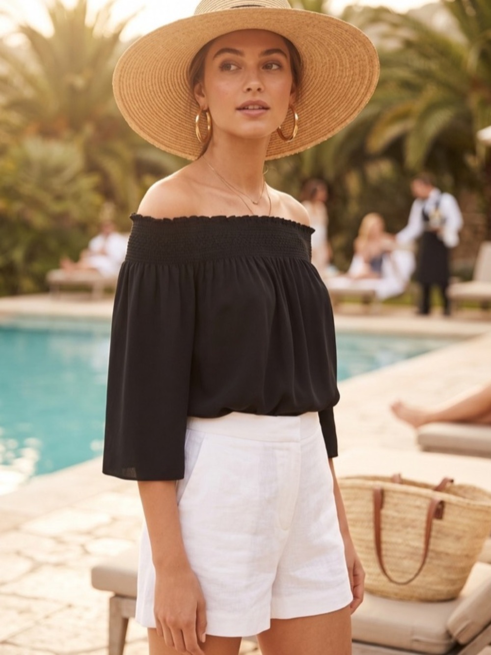 Theory | Women’s Black 100% Silk Off-the-Shoulder Smock Neck Elistaire Blouse S